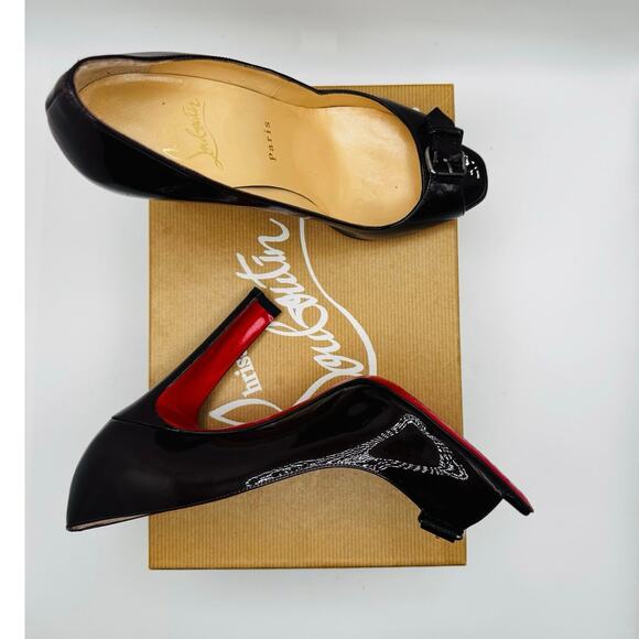 Christian Louboutin Burgundy patent Leather Peep toe Pump sz IT 38.5 - Picture 3 of 11